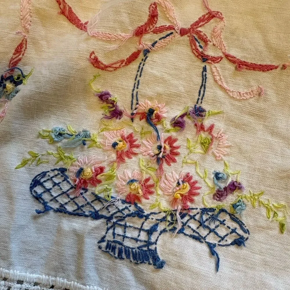 Embroidered Dresser Scarf Table Runner Vtg Basket Flowers Ribbon 30x13 White